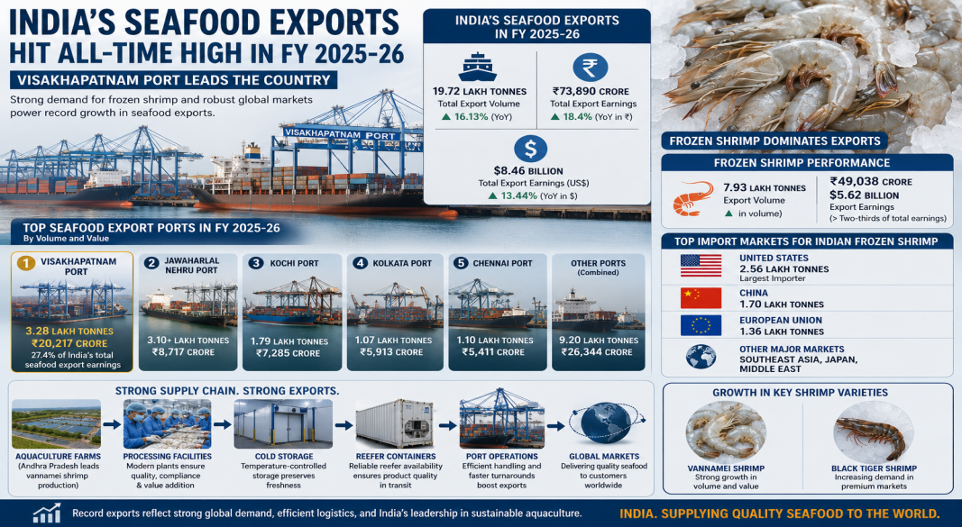 Visakhapatnam Emerges as India’s Largest Seafood Export Gateway as Overseas Demand Drives Record Growth