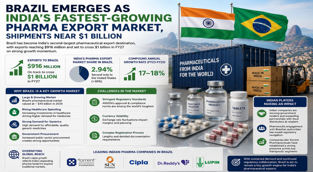 Brazil Emerges as India’s Fastest-Growing Pharma Export Market, Shipments Near $1 Billion